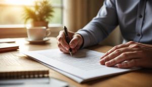 Persona revisando los documentos para tramitar una herencia con testamento
