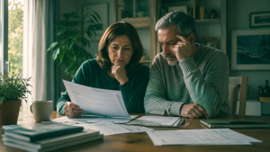 Dos personas adultas revisando juntas los documentos para tramitar una herencia
