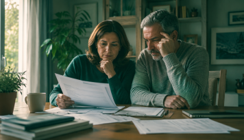 Dos personas adultas revisando juntas los documentos para tramitar una herencia
