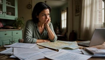 Persona pensativa ante documentos de herencia y un mapa de España sobre la mesa, reflexionando sobre el coste de heredar según la comunidad autónoma