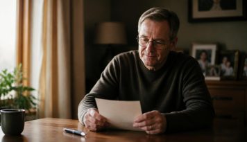 Persona mayor leyendo con calma un documento en la mesa de su casa, reflexionando sobre hacer testamento